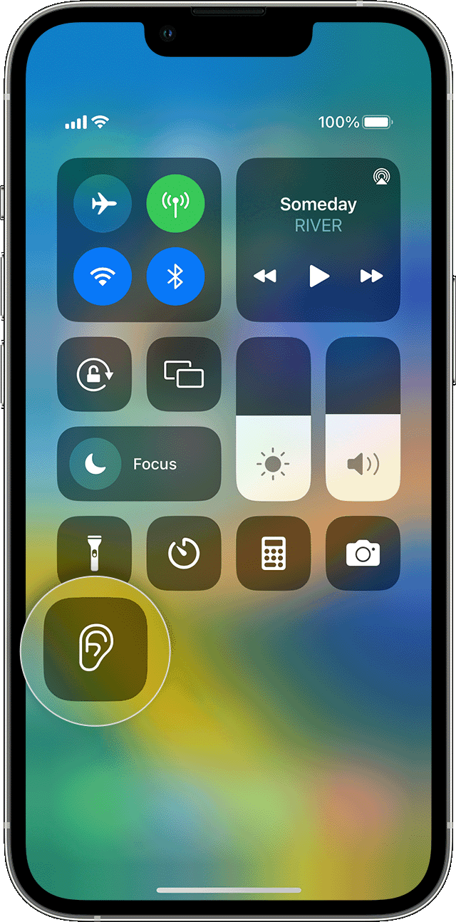iOS Control Center with the 'Hearing' button highlighted
